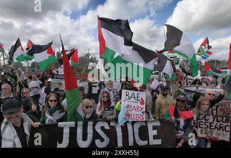 Blackburn, England, Großbritannien. August 2024. Die Demonstranten schwingen während der Demonstration vor den Haupttoren der BAE Systems-Anlage Fahnen. Demonstranten beschuldigen BAE Systems, am Völkermord in Gaza beteiligt zu sein, indem sie Teile für die F-35-Kampfflugzeuge in ihrer Anlage in Samlesbury herstellen, die beim Luftangriff auf Gaza und den Jemen eingesetzt wurden. Seit dem 10/24 wurden über 5000 Luftangriffe auf Gaza gerichtet, bei denen Tausende von Zivilisten getötet wurden, darunter 16.500 Kinder. Quelle: ZUMA Press, Inc./Alamy Live News Stockfoto