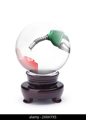 Benzinpumpendüse in Kristallkugel isoliert auf weiß. Fossile Brennstoffe, Gas- und Energiepreise Stockfoto