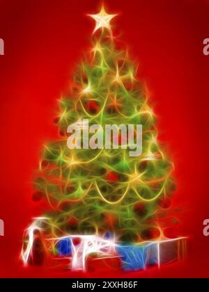 Wunderschön geschmückter Weihnachtsbaum mit bunten Geschenken darunter. Künstlerische Illustration isoliert auf hellrotem Hintergrund Stockfoto