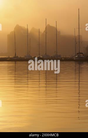 Sonnenaufgang im Stadthafen von Rostock Stockfoto