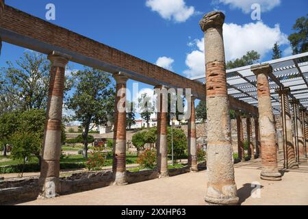 Alte Säulenreihe in einer Ruine, umgeben von Natur und unter klarem Himmel, Merida, Merida, Badajoz, Extremadura, Spanien, Europa Stockfoto