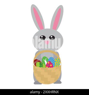 Osterhase mit einem Korb voller bunter Eier. Vektorillustration in flacher Form isoliert auf weißem Hintergrund. Stock Vektor