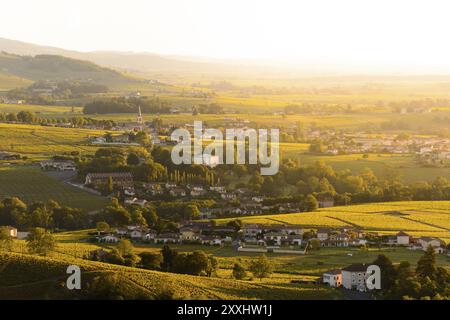 Landschaft und Dorf von Beaujolais land bei Sonnenaufgang in Frankreich Stockfoto