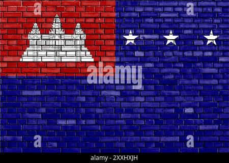 Flagge der Republik Khmer auf Ziegelwand gemalt Stockfoto