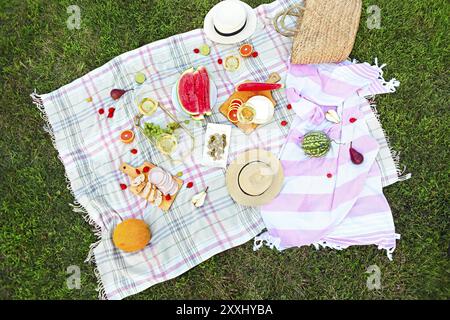 Picknick Hintergrund mit weißen Wein auf grünem Gras Stockfoto