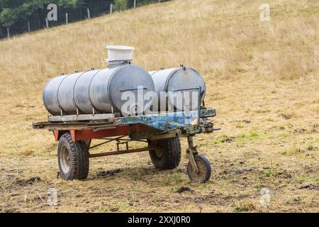 Metall Wasser Behälter auf Anhänger für Rinder auf der Weide Stockfoto