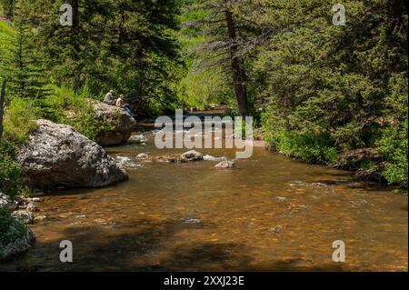 Zwei Leute fischen auf dem Pecos River in den Sangre de Cristo Mountains bei Cowles, New Mexico Stockfoto