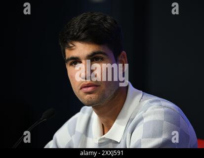 Flushing NY, USA. August 2024. Carlos Alcaraz spricht am 24. August 2024 im Billie Jean King National Tennis Center in Flushing Queens. Quelle: Mpi04/Media Punch/Alamy Live News Stockfoto