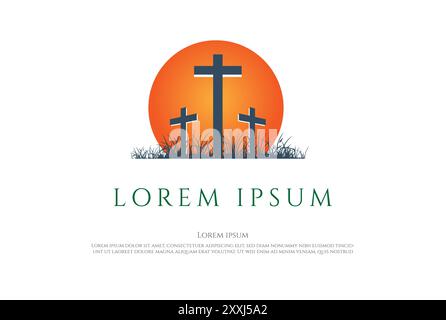 Sonnenuntergang Sonnenaufgang mit Jesus Christian Kreuz für Kreuzigung Logo Design Vektor Stock Vektor