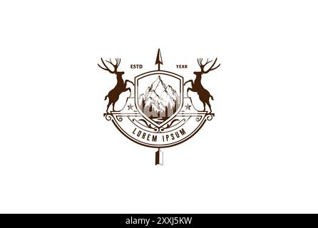 Schild Hirsch mit Pfeilspitze Emblem für Wildnis Jagd Abenteuer Logo Design Vektor Stock Vektor