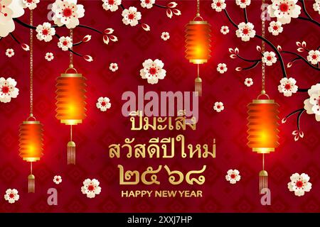 Happy Thailand New Year 2025, mit orientalischen Elementen auf farbigem Hintergrund (Thailand Übersetzung: Happy New Year 2568, Year of the Snake) Stock Vektor