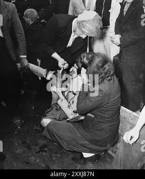 Eine Frau, die mit den Deutschen zusammengearbeitet hat, die in Cherbourg bestraft werden. Mitglieder des Widerstands rasieren der Frau die Haare, bevor sie durch die Straßen gleiten. Das Foto stammt vom 14. Juli 1944. Stockfoto