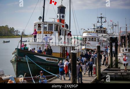 Richmond, Kanada. August 2024. Besucher erkunden verschiedene Schiffe, die am Dock ausgestellt werden, während des 21. Jährlichen Richmond Maritime Festivals in Richmond, British Columbia, Kanada, 24. August 2024. Die zweitägige Veranstaltung begann hier am Samstag. Quelle: Liang Sen/Xinhua/Alamy Live News Stockfoto