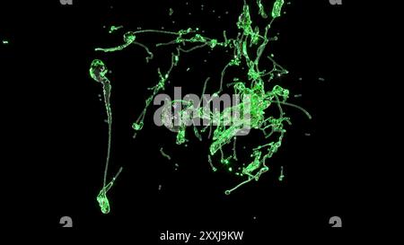 Grüne 3D-Flüssigkeitsspritzer auf schwarzem BG 3D-Rendering Stockfoto
