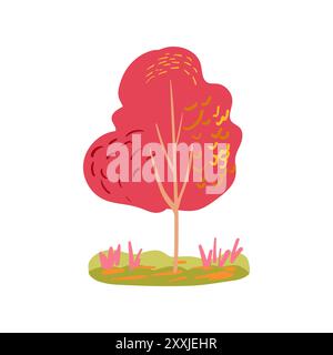 Handgezeichnete Bäume mit rosa, korallenroten, roten und gelben Ästen und fallenden Blättern. Einfaches Design. Illustration des flachen Vektors. Symbol Stock Vektor