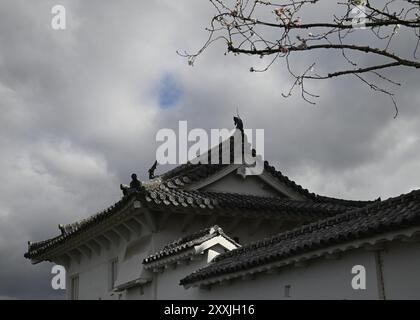 Malerischer Blick auf die traditionelle japanische Dachdekoration, bekannt als Onigawara, auf der Außenseite des Himeji Schlosses in Kansai, Japan. Stockfoto