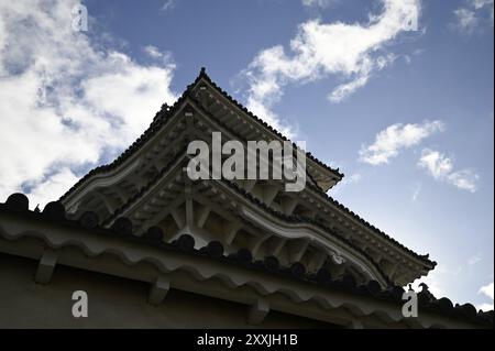 Malerischer Blick auf die markanten, geschwungenen Giebeln des Hauptkampfes Himeji-jō, der berühmten „Weißen Reiher-Burg“ in Hyōgo, Kansai Japan. Stockfoto