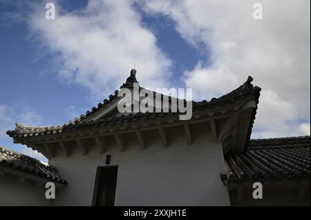 Malerischer Blick auf die traditionelle japanische Dachdekoration, bekannt als Onigawara, auf der Außenseite des Himeji Schlosses in Kansai, Japan. Stockfoto