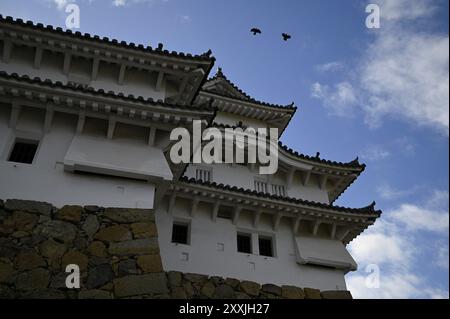 Malerischer Blick auf die markanten, geschwungenen Giebeln des Hauptkampfes Himeji-jō, der berühmten „Weißen Reiher-Burg“ in Hyōgo, Kansai Japan. Stockfoto