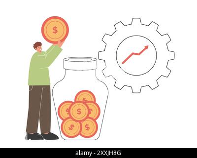 Investitionen sparen Geld Zukunftsplanung Analyse Dollar-Münzstrategie Gewinn Gear Chart Up professionelles Management Stock Vektor