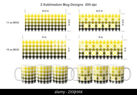 Set mit 2 Büffelkarienmustern. Sublimationsschablone für Kaffeetasse mit 11 ml und 15 ml Stockfoto