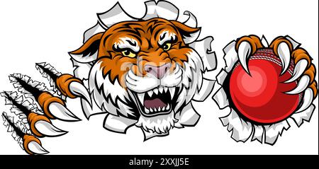 Tiger Cricket Ball Tiersport-Team Maskottchen Stock Vektor
