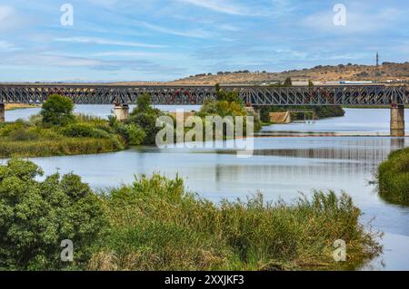 Die Eiserne Eisenbahnbrücke über die Guadiana (1883 eröffnet) ist der größte Exponent dieser Art von Architektur in Merida Stockfoto