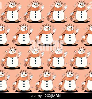 Weihnachtsmuster mit Schneemann-Groovy. Muster in Farbfeldern. Für Stoff, Geschenkpapier und andere Dekoration. Vektorabbildung Stock Vektor