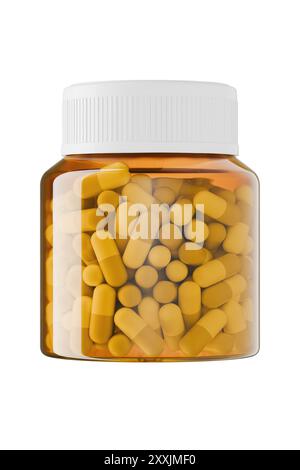 Bernsteinfarbene Glasdose mit weißen und blauen Kapseln von Antibiotika, Lebensmittelzusatzstoffen, Medikamenten. Mockup eines Glasbehälters von Bernstein mit Kapseln diätetischer Nahrung Stockfoto