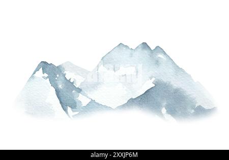 Aquarellskizze der Berge. Felsige Hügel in Nebel handgezeichnet und isoliert auf weißem Hintergrund. Stockfoto