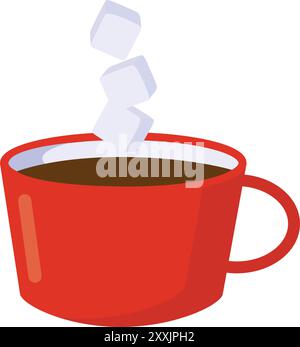 Zuckerwürfel und rote Kaffeetasse. Weiße Zuckerwürfel in Kaffeetasse oder Kakao Stock Vektor