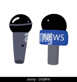 Kritzelsatz mit Zeichentrickillustrationen von Mikrofonen in Schwarz und Grau. Nachrichten und Fernsehprogramme. Stock Vektor