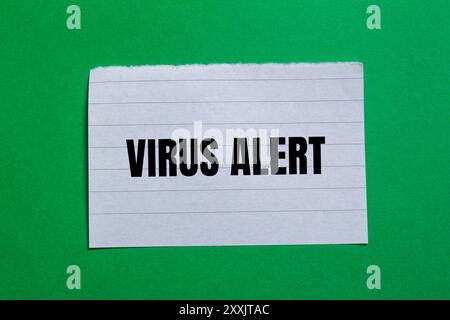 Virenwarnmeldung auf gerissenem Papierstück mit grünem Hintergrund geschrieben. Konzeptionelles Virus-Warnsymbol. Kopierbereich. Stockfoto