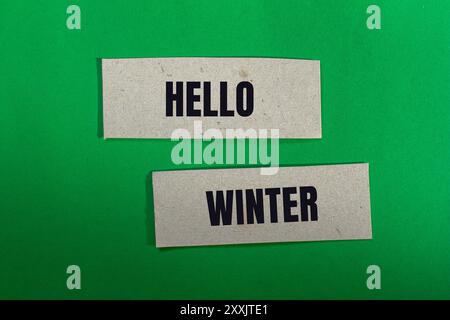 Hallo Winterbotschaft auf Papier mit grünem Hintergrund. Konzeptionelles Hallo-Winter-Symbol. Kopierbereich. Stockfoto