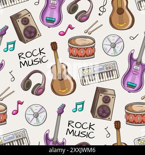 Nahtloses Muster mit Rockinstrumenten, Gitarre, Schlagzeug und Kopfhörern. Handgezeichneter musikalischer Hintergrund Stockfoto