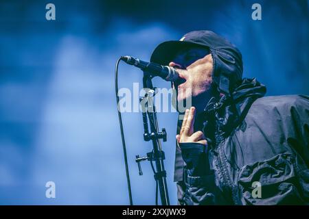 23. August 2024, Leeds, Großbritannien: Oasis-Frontmann Liam Gallagher bespricht die erste Nacht des Leeds Festivals 2024, als Gerüchte laut werden, dass die Band kurz vor der Ankündigung einer Wiedervereinigung steht. Foto: Thomas Jackson / Alamy Live News Stockfoto