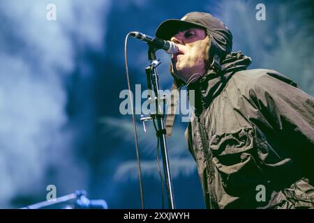 23. August 2024, Leeds, Großbritannien: Oasis-Frontmann Liam Gallagher bespricht die erste Nacht des Leeds Festivals 2024, als Gerüchte laut werden, dass die Band kurz vor der Ankündigung einer Wiedervereinigung steht. Foto: Thomas Jackson / Alamy Live News Stockfoto