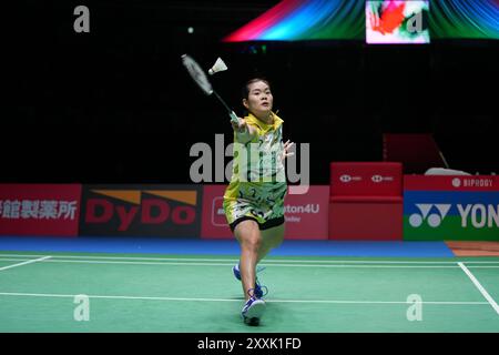 Yokohama, Japan. August 2024. Busanan Ongbamrungphan aus Thailand tritt beim Finale der Frauen zwischen Busanan Ongbamrungphan aus Thailand und Yamaguchi Akane aus Japan bei den Japan Badminton Open 2024 in Yokohama, Japan, am 25. August 2024 an. Quelle: Zhang Xiaoyu/Xinhua/Alamy Live News Stockfoto