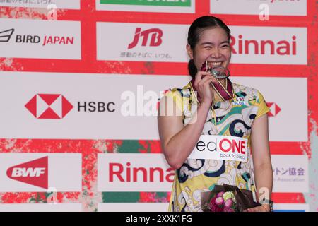 Yokohama, Japan. August 2024. Busanan Ongbamrungphan aus Thailand reagiert auf die Verleihung der Frauen-Singles bei den Japan Badminton Open 2024 in Yokohama, Japan, 25. August 2024. Quelle: Zhang Xiaoyu/Xinhua/Alamy Live News Stockfoto