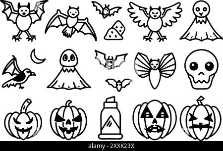 Halloween-Raben-Symbol-Set. Bearbeitbare Kontur Kontur Symbolsatz. Vektorabbildung. Stock Vektor