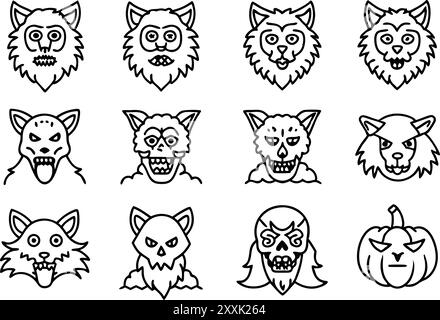 halloween Werwolf-Symbol-Set. Zeilensymbol. Bearbeitbare Kontur. Stock Vektor