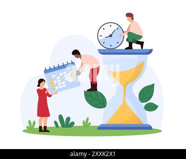 Zeitmanagement, Geschäftsereignis- und Agenda-Planung im Organisator, Projekttermin. Winzige Leute arbeiten mit Kalender und Sanduhr, halten Uhr für Lebensorganisation Cartoon Vektor Illustration Stock Vektor