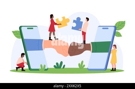 Menschen, die Smartphones für die Zusammenarbeit nutzen, Puzzleteile austauschen und virtuell die Hände schütteln. Stellt digitale Partnerschaften und Vektorillustration für Teamwork dar. Stock Vektor