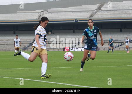 Mexiko-Stadt, Mexiko. August 2024. Abril Aguirre #61 von Pumas UNAM tritt den Ball während des Spiels der 7. Runde zwischen Pumas UNAM und Club Puebla im Rahmen der Torneo Apertura 2024 Frauen Liga MX am Estadio Olímpico Universitario. Endpunktzahl Pumas 2:1 Puebla. Am 23. August 2024 in Mexiko-Stadt. (Foto: Jose Luis Torales/ Credit: Eyepix Group/Alamy Live News Stockfoto