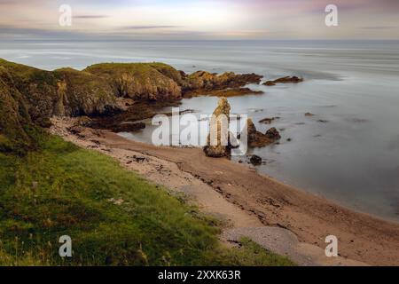 In der Nähe von Whinnyfold, Cruden Bay, Schottland, zeigt die zerklüftete Küste von Aberdeenshire herrliche Seestapel nördlich von Aberdeen. Stockfoto