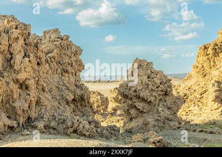 Alte Steinschornsteine Mineralgesteinsformationen auf dem getrockneten Boden des Salzsees Abbe, Dikhil Region, Dschibuti Stockfoto