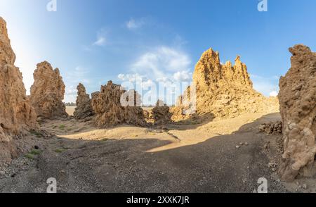 Alte Steinschornsteine Mineralgesteinsformationen auf dem getrockneten Boden des Salzsees Abbe, Dikhil Region, Dschibuti Stockfoto