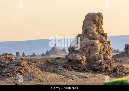 Alte Steinschornsteine Mineralgesteinsformationen auf dem getrockneten Boden des Salzsees Abbe, Dikhil Region, Dschibuti Stockfoto