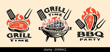 Grill Barbecue-Logo. Gegrilltes Essen und bbq Restaurant Emblem, Badge Set. Vektorabbildung Stock Vektor