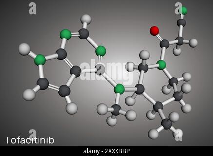 Tofacitinib-Arzneimittelmolekül. Es wird zur Behandlung der rheumatischen Arthritis RA und Psoriasis-Arthritis PSA angewendet. Molekulares Modell. 3D-Rendering. Abbildung Stockfoto